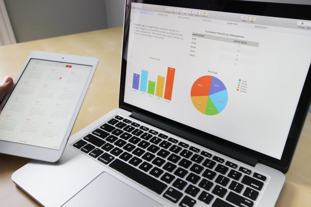 gray-and-black-laptop-computer-265087 Laptop displaying charts and graphs with tablet calendar for data analysis and planning.
